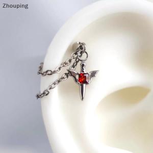 【ZP】Cute ต่างหูเจาะห่วงโซ่เพทายสีแดงสำหรับผู้หญิงผู้ชายเครื่องประดับ Y2K ต่างหูหมุดสีเงินแบบกอธิค