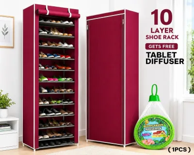 SUPERSALE -10 Layers Shoe Rack With Zipper Cover Dustproof Nonwoven Shoe Cabinet Dormitory Storage