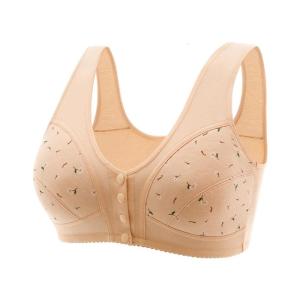 Soft Cotton Fabric No Underwire Bra for Mature Women with Easy Front Clasp and Elegant Floral Printed Pattern Brassiere