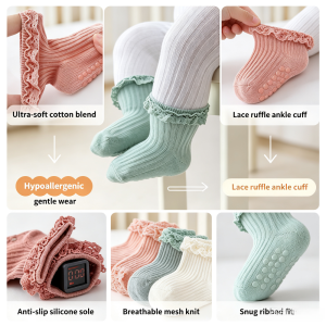 AILEBE Kids Socks Lace Ruffle Princess Ankle Socks With Anti-Slip Silicone Grippers Ultra-Soft 95% Cotton Hypoallergenic Breathable Mesh Summer Socks Snug Ribbed Ankle Stays Put Perfect For Home Baby 0-1Years