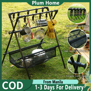 Camping Rack Organizer Camping Triangle Hanging Rack Outdoor Portable Camping Rack Multifunction Tableware Tripod Storage Shelf With Drying Net