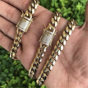 CLIBER 1PC The Coolest Mens 10mm width 24K Gold Plated Solid Stainless Steel Chain Iced Diamond Thick Miami Cuban Link Chain Necklace Hip hop Jewelry 8/24/30 Inch