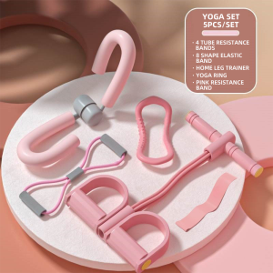 GYMPRO 5 in 1 Set Yoga Fitness Equipment 4 Tube Resistance Bands 8 Shape Elastic Band Home Leg Trainer Yoga Ring Slimming Workout Weight Lost Yoga Accessories Indoor Training Exercise Fitness Tools