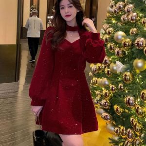 【Candy style】 Christmas red dress womens new French winter thin tutu skirt design temperament annual meeting dress short skirt