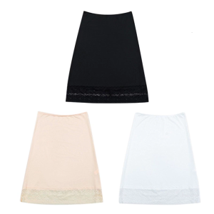 Elastic Waist Knee Length Half Slips for Women Under Dresses Invisible Underskirt Basic Solid Color Lace Trim Petticoat