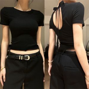 Kinwoo Liu เสื้อยืดคอกลมแขนสั้นโชว์หลังผูกโบว์