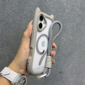 Cute Cat Ear for Magsafe Case for iPhone 13 14 15 16 17 Pro Max 11 12 15 16 Plus Air Transparent PC TPU Armor Wrist Strap Cover