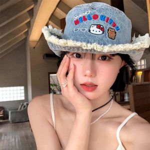 COSE Retro Kittty Denim Fisherman Hat Sun Protection Lightweight Shabby Blue Bucket Hats Soft Japanese Style Letter Embroidery Basin Cap Women