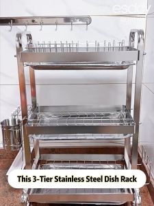 SJORAGE On Hand🔥2/3Tier Stainless Steel Drain Tray Dish Drying Rack Cutlery Holder Multi-functional Kitchen Storage Organizer
