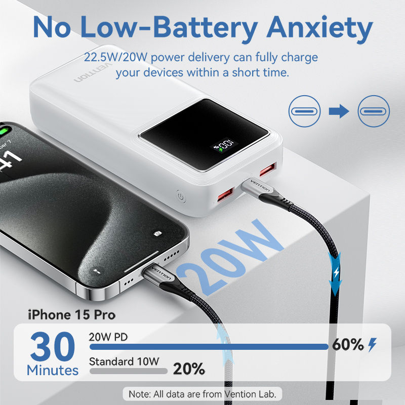 Vention Battery 30000mAh Powerbank 22.5W Fast Charging PD 20W Digital Display for iPhone 15 14 13 pro max xiaomi 12t 11t Realme Samsung S24 23 Mobile Power Adapter. 