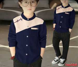 Kemeja Anak Laki-Laki 333 Kerah Koko Motif Geometris dengan Kancing - Bahan Canvas - Usia 5-12 Tahun