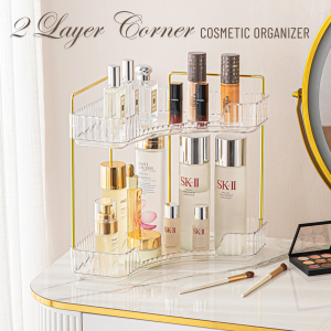 2 Layer Corner Cosmetic Organizer Multifunctional Bedroom Bathroom Table Shelf Storage Space Saver Rack