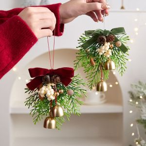 YERZ Velvet Bow Christmas Bell Pendant 3D Creative Christmas Hanging Decorations New Year Gifts with String Christmas Jingle Bells Xmas Party Supplies