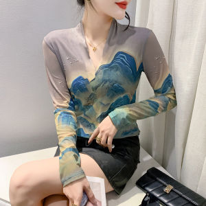 YIMEI 2023 Autumn New Fashion Guangzhou Long Sleeve Mesh Tie Dyed Top Round Neck Retro Printed Long Sleeve Womens T-shirt