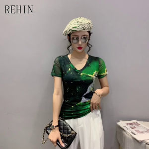 REHIN Womens top Fashion mesh unique print short-sleeved T-shirt V-neck slim and thin trend S-3XL blouse