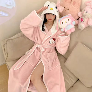 Cartoon Sanrio Hello Kitty Pajamas Women Winter Kawaii Plush Warm Bathroom Bathrobe Hooded Nightdress Student Girls Pajamas