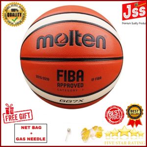 JSS Moltens GQ7X Category 7 PU Leather Material Basketball Ball  Free Net bag Needle Pin and Inflator Size 7 PU Leather Material Official Match basketball Indoor Outdoor Basketball(Original)