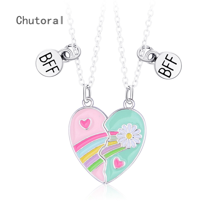 Cute Colorful Rainbow Heart Shape Pendant Chain Best Friends Necklace 