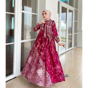 BURGUNDY DRESS GAMIS TWILL RAYON CANDI MEKAR GAMIS BATIK CAP PEKALONGAN GAMIS BATIK SHALDA