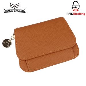 Royal Bagger RFID Short Wallet for Women Genuine Cow Leather Large Capacity Key Chain Card Holder Fashion Trifold Wallets 1458