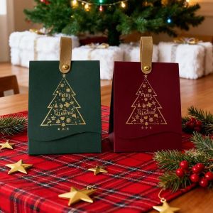 SJJL 10Pcs Leather Handles Christmas Gift Boxes Mini Cardboard Christmas Candy Handbag Merry Christmas Christmas Tree Festive Gifts Pouch Xmas Party Supplies