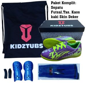 KIDZTUBS Sepatu Futsal Anak Paket Komplit Sepatu Futsal Tas Skin Deker Kaos Kaki Usia 6-10 Tahun Size 28 29 30 31 32 33 34 35 36 37 KDZ1142011625