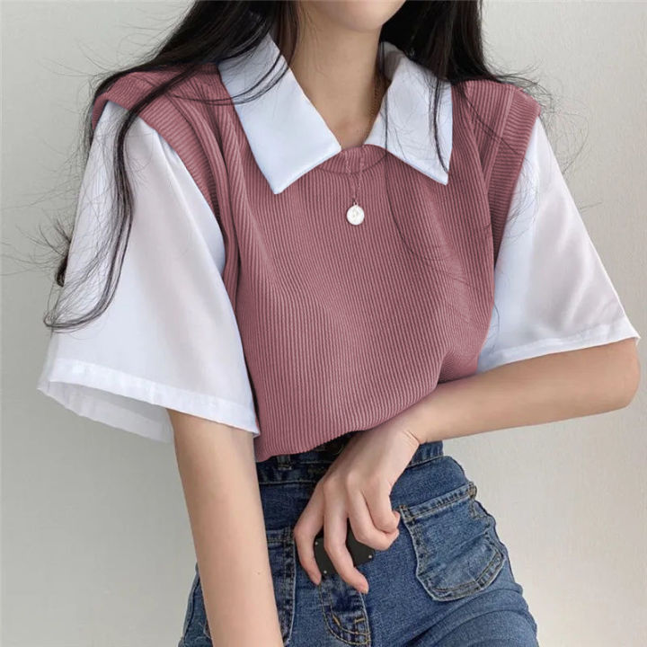 Korean Polo shirt fake two piece college style women s clothing