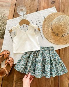 AA..Chic Floral Print & White Cotton Blend Girls Summer Set with Ruffle Top & Skirt