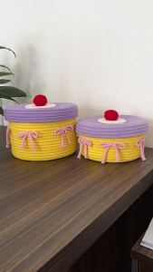 Woven Storage Container for Desk Essential Handwoven Basket with Lid Dustproof Moisture Proof Stationery Organizer