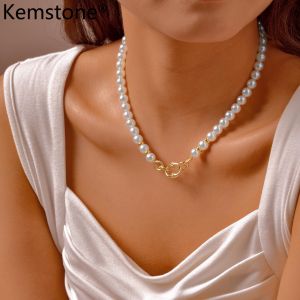 Kemstone Faux Pearl Beaded Necklace for Women Stainless Steel Oval Rivet Chain Choker Jewelry