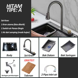 ES Kitchen Sink Bar Set Lengkap Black/Wastafel Stainless Steel Hitam 304 Dengan Kran Angsa Fleksible Indikator LED