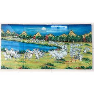 Bộ tranh sơn mài 4 tấm- BÁCH MÃ ĐỒ - Khảm cừ/ Size 80x160 cm - Ý nghĩa/ Phong Thủy