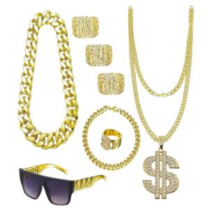 8Pcs 80s 90s Outfits Hip Hop Costume Kit Cool Rapper Accessories Gold ChainGold BraceletSunglassesRings Necklace