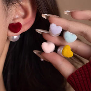 Fashionable Ring Gift 简约红色植绒爱心珍珠时尚耳钉秋冬款小巧气质高级感复古百搭耳环