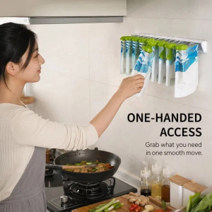 【Ready Stock】Wall Mounted Seasoning Bag Rack No Drilling Spice Packet Holder with Sealing Clips Space Saving Kitchen Shelf Organiser