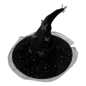 Elegant Curved Brimmed Witch Hat With 3D Butterfly Decoration Halloween Cosplay Accessory Multiple Colors