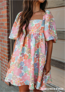 Pink Summer Floral Square Neck Puff Sleeve Babydoll Dress (KS6119014) - Big Size (50-90kg)