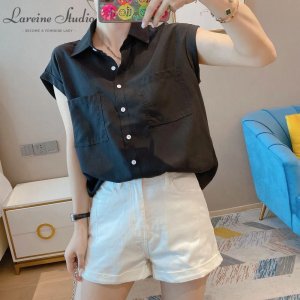 LAREINE เสื้อเชิ๊ตเสื้อผู้หญิงเสื้อเชิ๊ตขนาดพิเศษสไตล์ลำลองเกาหลีเสื้อสีทึบเก๋ไก๋