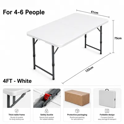 DIODIY 4FT 6FT Folding Table Spacious Sturdy Easy Carry Extra Spacious Heavy-Duty Steel Frame Folds in Half with Handle Perfect for Parties Camping BBQs Events and More