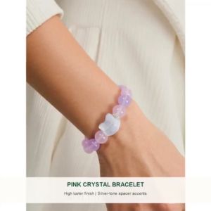 SINLISH Natural Pink Crystal Bracelet with Aquamarine & White Kitty Head Charm Womens Gift & Blessing Jewelry