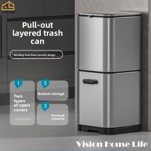 Vision 18L/21L Stainless Steel Trash Can With Sliding Cover And Flip Cover Double-layer Garbage Can Kitchen Dry and Wet Separation Trash Bin Large Capacity Sorting Bin High Cylinder Dry-Wet Garbage Sorting Can