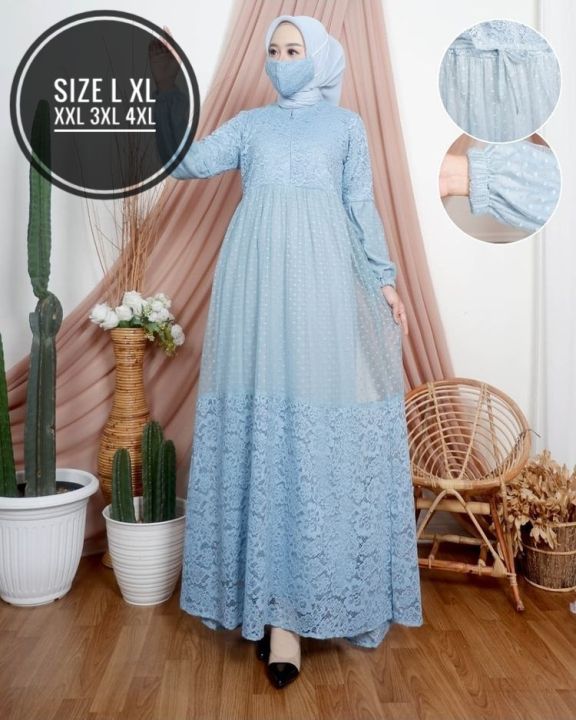 Gamis Brukat Jumbo /dress jumbo brukat full mix tile warna moka hitam navy biru ld 100 110 120 130 140 ukuran L XL XXL 3XL 4XL / gamis jumbo model terbaru / gamis pesta jumbo