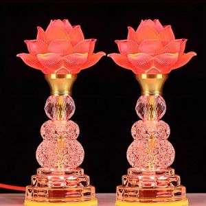 七彩水晶玻璃莲花灯一对 （葫芦版）观音 佛祖 地主 关帝 大伯公 祖先 神台佛灯 LED lotus flower lamp for buddhist