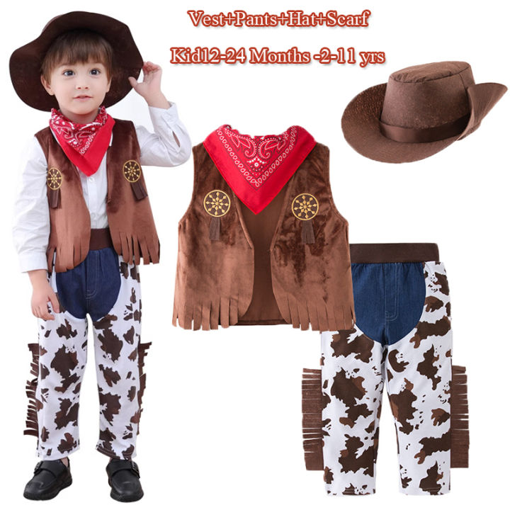 Western Cowboy Costume For Kids Boys Jazz Hat Vest Pants Scarf