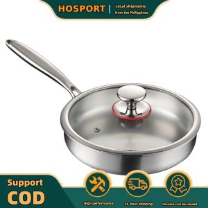 【HOSPORT】 Large Stir Wok Pan With Lid Even-Heating Flat Bottomed Skillet Non-Stick for Omelette Pancake Steak
