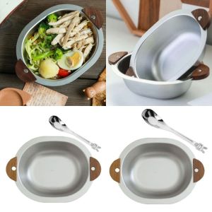 NIGHT PU 304 Stainless Steel Baby Bowl Double Ears Wood Handle Binaural Salad Bowl Household Utensils Lightweight Korean Snack Bowl Dessert