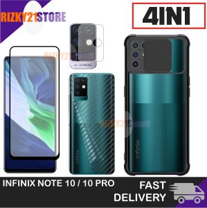 Case Infinix Note 10 / Note 10 Pro / Note 10 Pro NFC Paket 4in1 Case Slide Free Tempered Glass LayarCamera Dan Skin Carbon