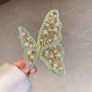 Jepit Rambut Korea Bahan Alloy 9.5cm Model Kupu Kupu Aksen Permata Mutiara Jedai Logam HCM011