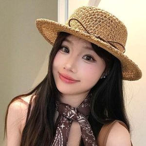 With Bow Straw Boater Hat Breathable Mesh Lightweight Handwoven Sun Cap Sun Protection Exquisite Craftsmanship