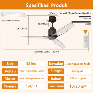 [Baharu 2025] Motor kuprum tulen DC，Pure copper DC motor ceiling fan 5-year warranty comes with light and remote control Size 52 inches large air volume no noise 6 levels adjustable suitable for living room building interior and hotel lobby